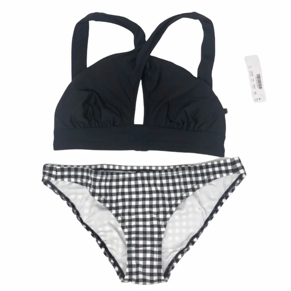 J Crew Crossed Halter Lowrider Bikini in Black Gingham Size S and L NWT